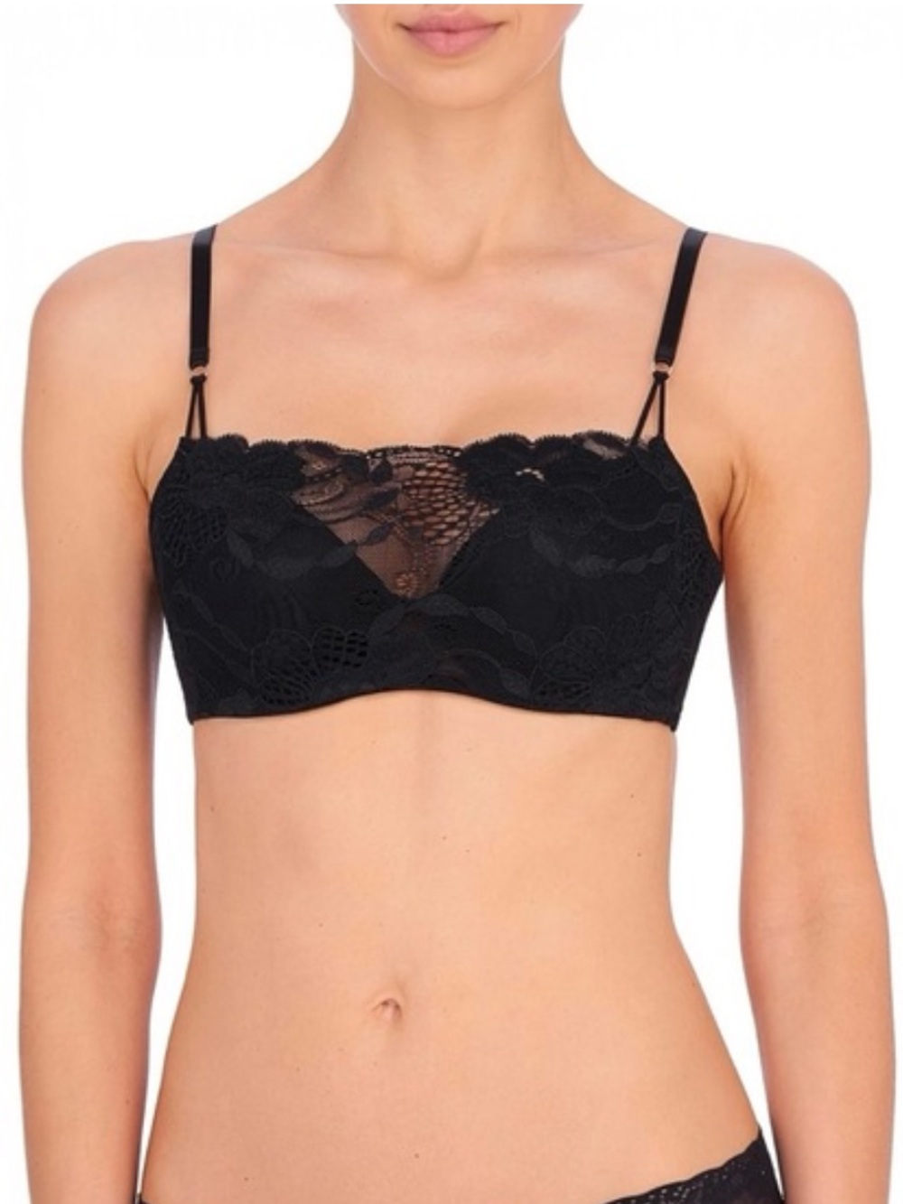 Natori Zen‎ Floral Contour Cami Bra Black Lace Overlay Layering Size 32C